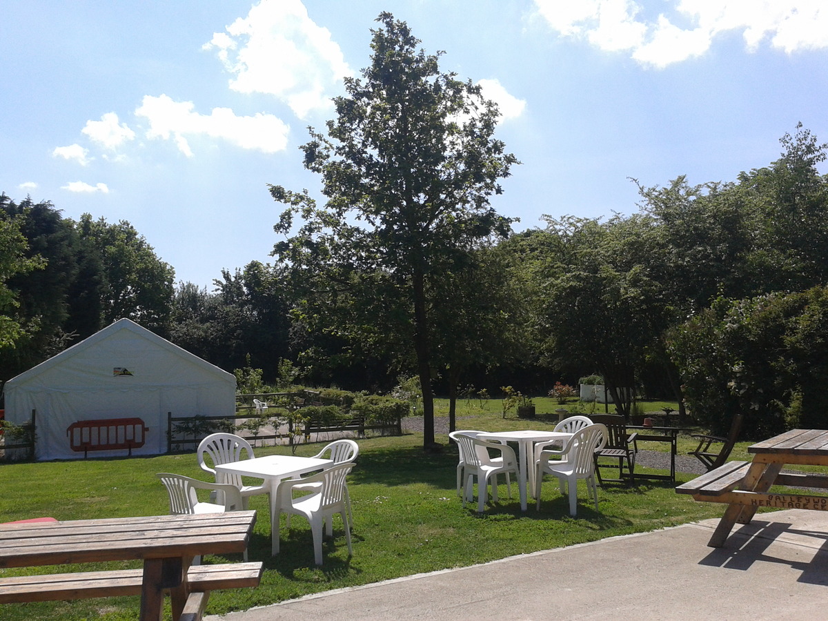 View of the garden & marquee from main building. 